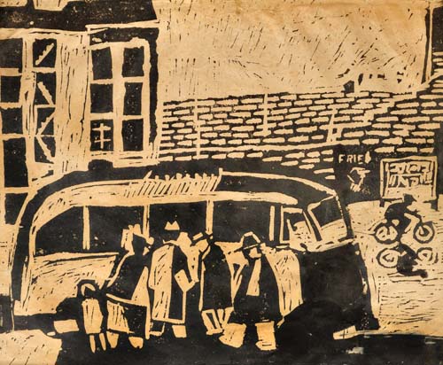 Bushaltestelle Holzschnitt um 1952 48 x 60 cm