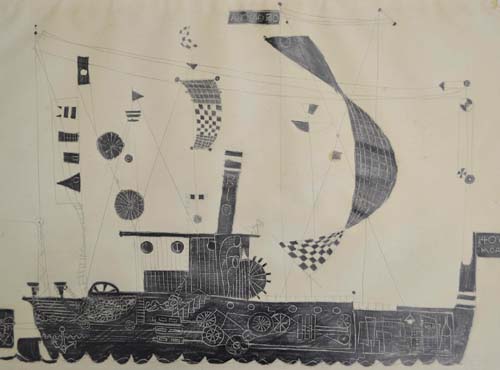Lustiger Dampfer Bleisitft über Ritzzeichnung 1970er Jahre 42 x 56 cm
