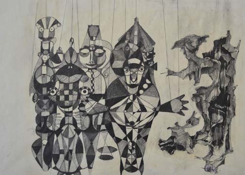 Marionetten und Wurzeln Bleistift 1969 37 x 49 cm