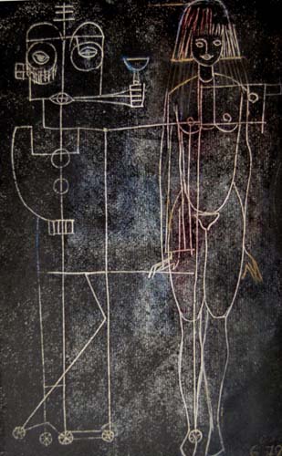 Roboter und Mädchen Ritzzeichnung 1979 41 x 25 cm