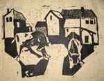 Kühe und Häuser Holzschnitt 1950er Jahre