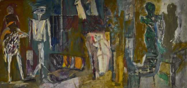 Hermann Kirchberger o.T. ( Figurenkomposition ) 1960er Jahre Öl auf Hartfaser 38 x 72 cm