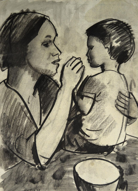 Otto Herbig Mutter und Kind 1935 Kohle auf Papier ca