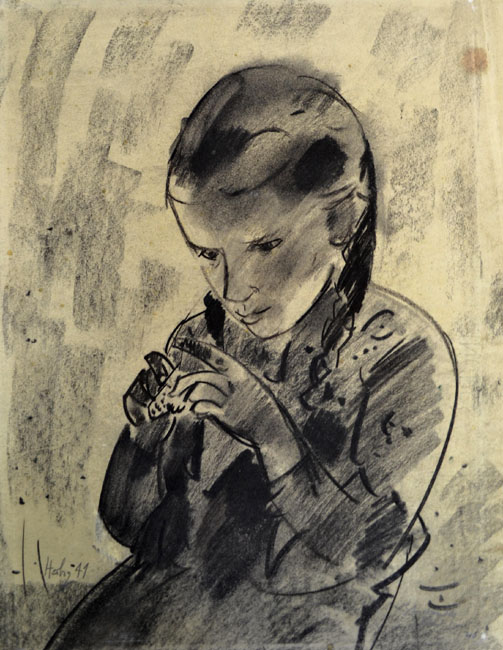 Otto Herbig Strickendes Kind 1941 Kohle auf Papier 54 x 42,5 cm